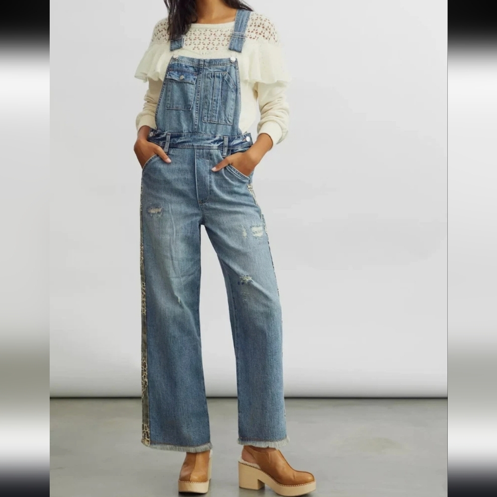 Pilcro Denim Wide-Leg Overalls in Light Blue leopard camo